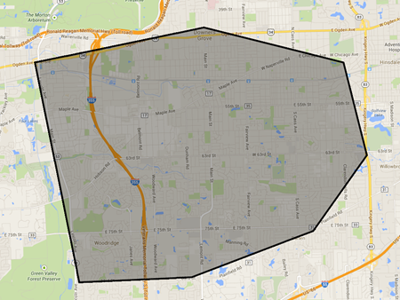 Map showing a highlighted area and roads.